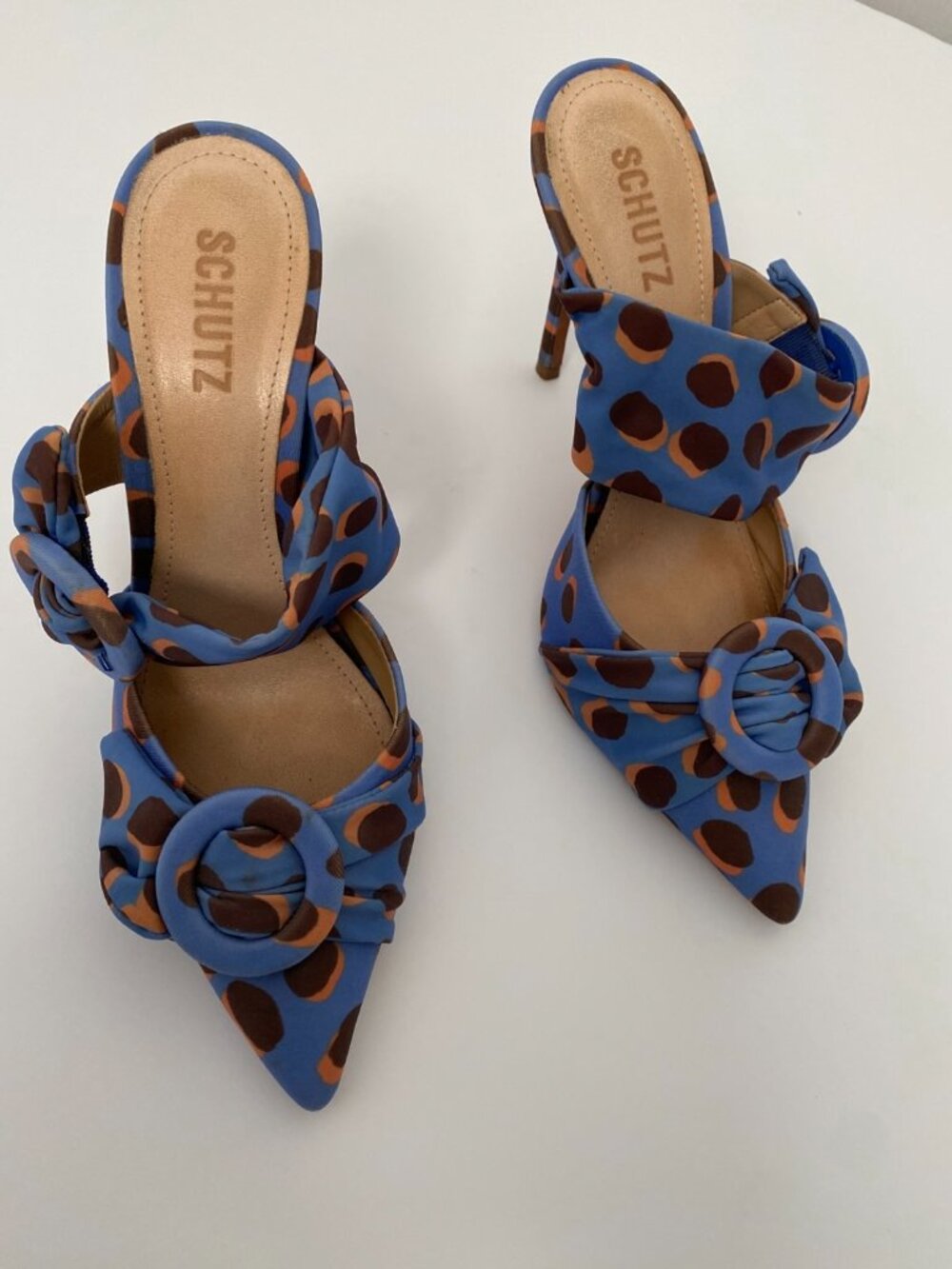 SCHUTZ Blue and Brown Leopard-Print Pointed Mule Heels - Picture 2 of 8